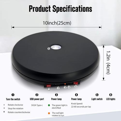 JAYEGT Motorized Rotating Display Stand with LED Light , 10 inch /55lbs Load, 360 Degree Electronic Photography Turntable for Product Show, Jewelry, Crystal Art (Black / 5 Colors LED Light /Rechargeable)