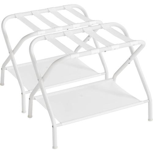 Set of 2 Size 27.2 x 15 x 20.5 Color White  SONGMICS Luggage Racks, Set of 2, Suitcase Stand with Fabric Storage Shelf, for Guest Room, Bedroom, Hotel, Foldable, Holds up to 110 lb, 27.2 x 15 x 20.5 Inches, Cloud White RLR002W02