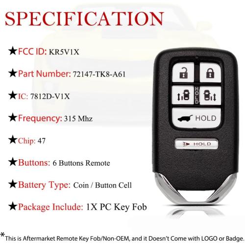 MechanMagic Key Fob Remote Replacement Fits for Honda Odyssey 2014 2015 2016 2017 EXL & Touring KR5V1X Keyless Entry Remote Control 72147-TK8-A61 7812D-V1X 6 Button 47chip