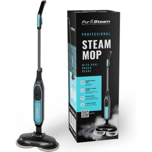 Pursteam ScrubMaster Steam Mop with Dual Scrubbing Head, LED Headlights, Adjustable Steam Control, Anti-Slip Swivel Head, Cable Holder & Upright Lock