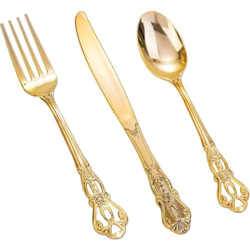 150 Pieces Gold Plastic Silverware - Heavy Duty Gold Disposable Utensils - Fancy Plastic Cutlery Set Includes 50 Forks, 50 Spoons, 50 Knives for Holidays Parties Weddings