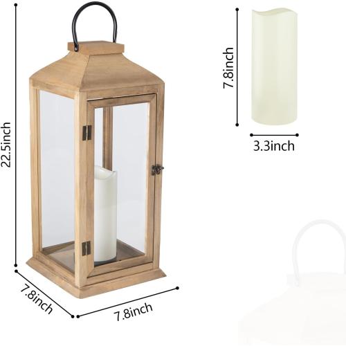 Bdor Large 22.5 Inch Decorative Lanterns with Flameless Pillar Candles, IP65 Waterproof Wooden Lantern for Home Decor, Indoor Outdoor, Front Porch, Garden, Farmhouse, Wedding Use