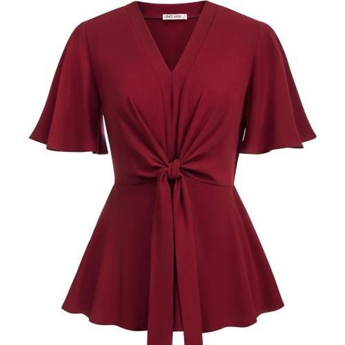 GRACE KARIN 2026 Women's Elegant V Neck Peplum Tops Tie Front Short Bell Sleeve Shirts Tops Blouse 2Xl