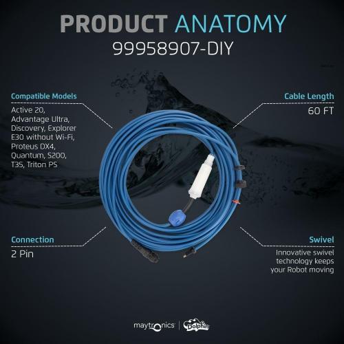 Dolphin Genuine Replacement Part — Durable 60 FT Blue Cable with Swivel for Tangle-Free Operation — 99958907-DYI