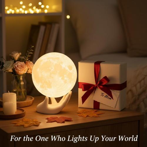 3.5 Mydethun 3.5 Inch 3D Moon Lamp – White Elephant Gift for Women Teenage Girls, Mood Lighting w/Ceramic Base, Dual-Color White/Yellow, Touch-Dimmable LED Night Light for Kids Room, Christmas Decor
