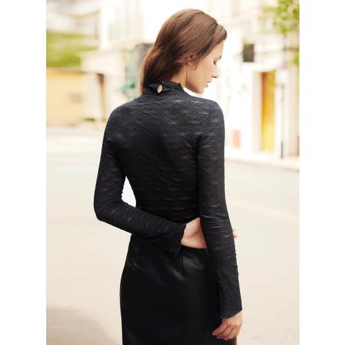 Size M MIHOLL Womens Lace Tops Long Sleeve Mesh Sheer Tops Mock Neck See Through Floral Shirt Blouses