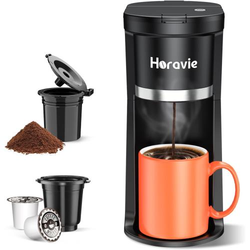 Small Single Serve Coffee Maker, Fast Brew One Cup Coffee Machine for K Cup and Grounds, 6 to 12 oz. Brew Sizes, Capsule Coffee Machine with Descaling Reminder and Viewing Tank, Black