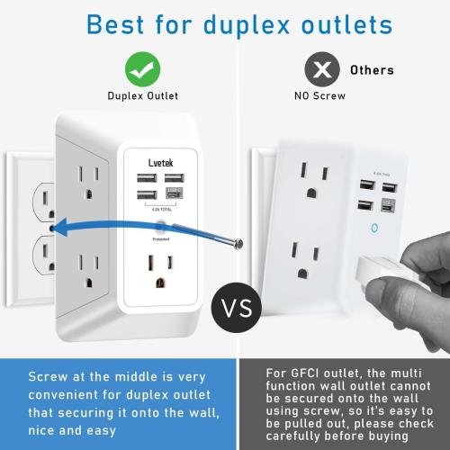 5 Outlet Extender Multi Plug Wall Outlets with 4 USB Charging Ports (1 USB C Outlet), 3 Sided 1680J Surge Protector Power Strip USB Wall Charger for Home, Office, Travel, ETL Listed, White