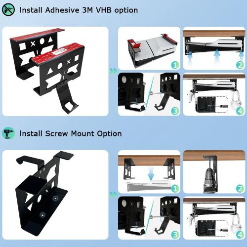 Aluminum Under Desk Mount for PS5/PS5 Slim/ PS5 Pro Digital & Disc, Securing Under Desk Bracket with Detachable Controller & Headphone Holder Kit No Drill (Black)
