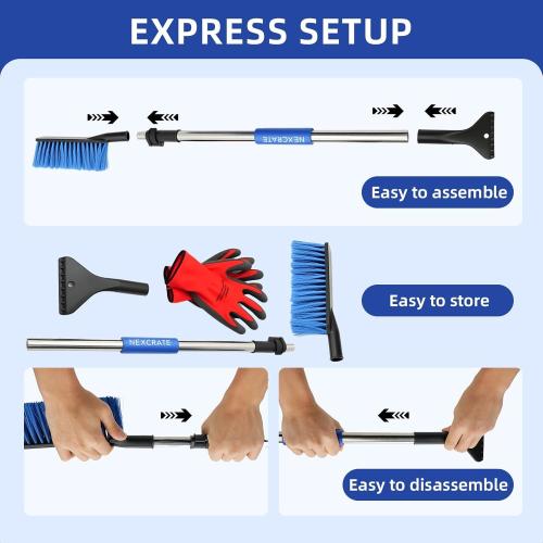 Extra Long Telescoping Car Snow Brush & Ice Scraper - Adjustable 35.2 to 51.57 Handle, Wide Bristles for SUV & Truck Windshields (Blue)