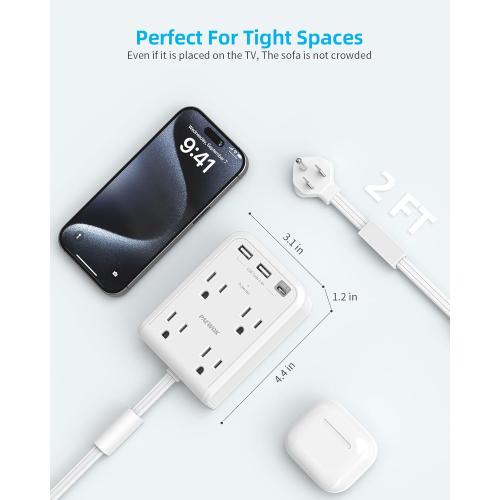 Short Power Strip 2FT - Flat Wall Extension Cord with 4AC Outlet and 3 USB Ports(1 Type C), Multi Plug Outlet Extender Small Surge Protector for Home Office Dorm, White