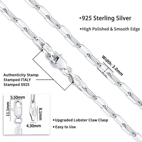 Jewlpire 14K Gold Plated 925 Sterling Silver Paperclip Chain Necklace for Women, 2.5mm 3mm Necklace for Women, Comfortable Women's Chain Necklaces 16 18 20 22 24 26 Inch