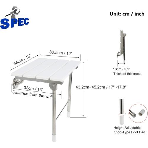 Folding Shower Seat Wall Mounted with Legs, Foldable Shower Chair for Inside Shower, Fold Down Shower Bench for Seniors (White, Fixed Height)