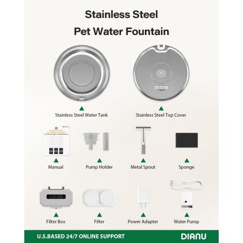 Cat Water Fountain Stainless Steel - 3.2L/108oz Pet Water Fountain for Cats Indoor - Automatic Pet Watering Dispenser (1 Filter)