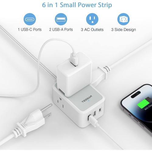 Small Flat Plug Power Strip, TESSAN Ultra Thin Extension Cord with 3 USB Wall Charger (1 USB C), 3 Outlets Mini Charging Station, 5 ft Slim Plug for Cruise Travel Office School Dorm Room Essentials