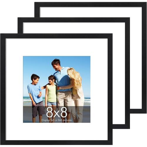 TWING 8x8 Picture Frames 3 Pack, Black 8x8 Frames Display Picture 5x5 with Mat, Square Family Picture Frame Tabletop or Wall Mounting, Ideal Gift for Mother's Day/Birthday Day