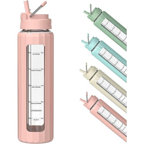 32 oz Glass Water Bottle with Lid and Straw, Motivational Borosilicate Glass Bottle with Silicone Sleeve (Pink Sleeve)
