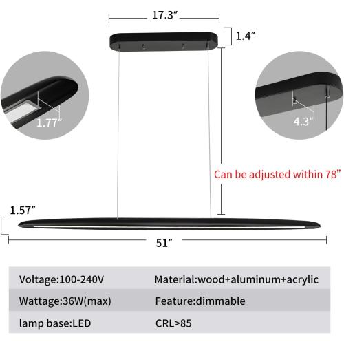 39 Wood LED Linear Pendant Light Black Linear Pendant Dinning Room Hanging Lights LED Dimmable Chandeliers 24w for Dining Room Pool Table Lights Kitchen Island Light Black