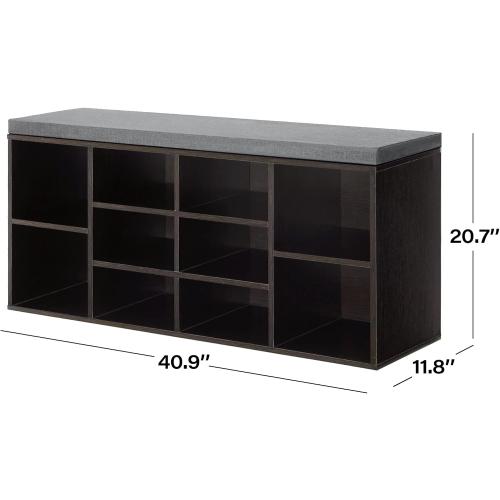 Shoe Bench with Cushion, Wood Shoe Storage Bench for Entryway with 10 Cubbies & Adjustable Shelves, Shoe Organizer Cubby Entry Bench Padded Bench Storage for Living Room, Hallway, Closet, Black