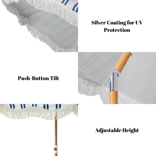 6.5FT Striped Beach Umbrella with Fringe, UPF 50  Sun Protection with Silver Coating, Adjustable Height and Tilt Design, Wind-Resistant Fiberglass Ribs, Wood Grain Iron Pole, Lightweight Design with Portable Carry Bag, Base Not Included