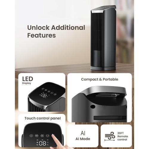PNTCK Fan for Bedroom, 13.2 Tower Fan with Remote, 4 Modes 4 Speeds Max 24ft/s, 70° Oscillating Desk Fan, 12H Timer Portable Fans, Cooling Fans for Office, Home Black