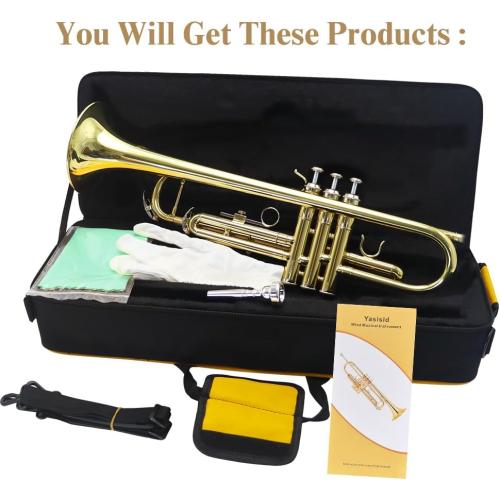 Trumpet Instrument,Band & Orchestra Musical Instruments for Beginners,With trumpets case,Mouthpiece,Cloth and Gloves (Golden)