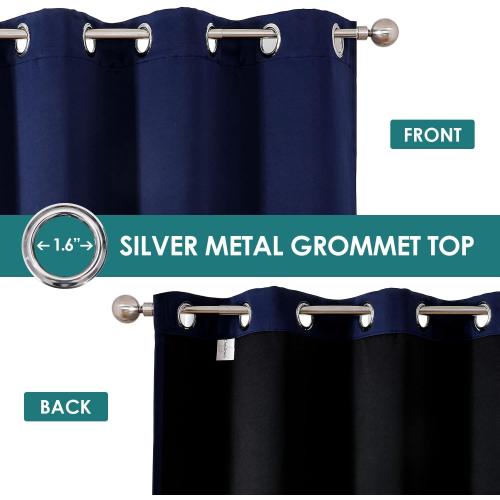 ChrisDowa 100% Blackout Curtains for Bedroom with Black Liner, 2 Thick Layers Total Blackout Thermal Insulated Grommet Window Curtains 2 Panels Set (Navy Blue, 52 x 63 Inch)