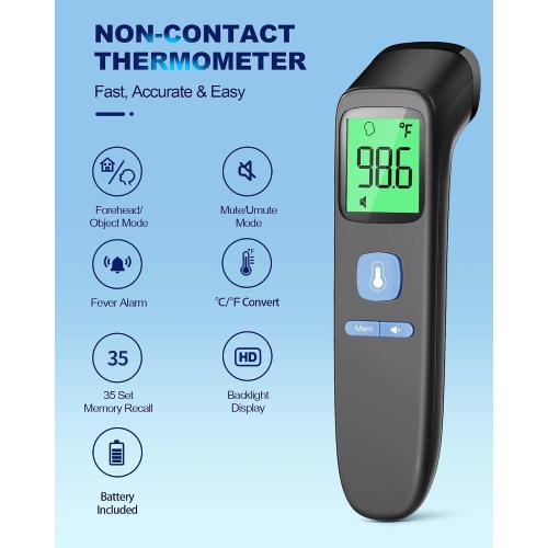 No-Touch Forehead Thermometer for Adults, Infrared Digital Baby Thermometer for Kids, Accurate Reading with Large Display, Mute Mode, Memory Recall, Fever Alarm