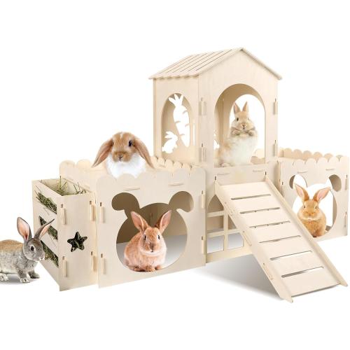 Large Rabbit Castle, Wooden Bunny House & Hay Feeder, Detachable Rabbit Hideaway, Indoor Rabbit Castle with Ramp, Small Animal Houses & Habitats