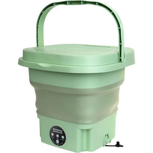 Portable Washing Machine,8L Mini Folding Bucket Washer with Drainage Pipe & 4 Clothes Clips for Socks Underwear Baby Clothes,Suitable for Apartment Camping RV Travel laundry (110V-240V) (Green)
