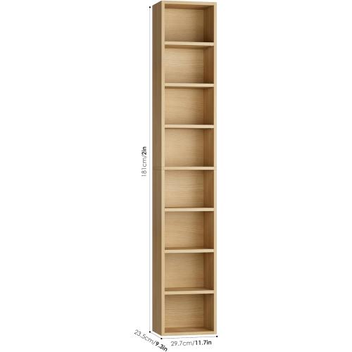 FOTOSOK 8-Tier Media Tower Rack, 11.6 X 9.3 X 71 Inches CD DVD Slim Storage Cabinet with Adjustable Shelves, Tall Narrow Bookcase Display Bookshelf for Home Office, Natural