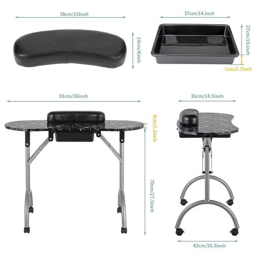 LEIBOU Professional 36''L Portable & Foldable Manicure Table Nail Technician Desk Workstation Manicure Table with Magnifier USB LED Table Lamp,Rolling Wheels,Drawer,Sponge,Free Carrying Bag (Black)