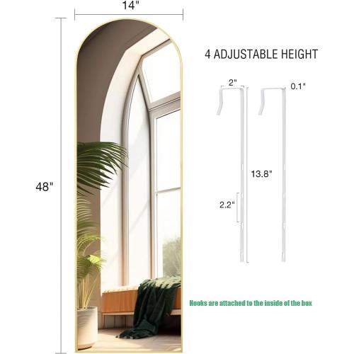 KOMCOTE Full Length Mirror 48x14 Inches - Over The Door Hanging Mirror for Bedroom, Living Room, Closet - Arch Floor Mirror, Door Mirror with Gold Frame - No Drill Easy Install