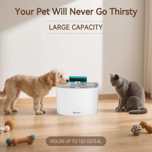 Cat Water Fountain, App Control Wireless Cat Fountain, 122oz/3.6L Pumpless Water Fountains for Cats Indoor with Stainless Steel Tray, Wi-Fi Dog and Pet Water Fountain (White, Fountain 2 Fliters)