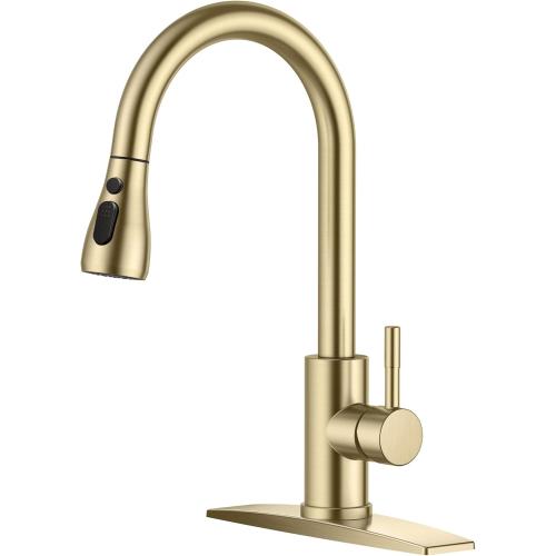 FORIOUS Gold Kitchen Faucet with Pull Down Sprayer, High Arc Single Handle Classic Stainless Steel Sink Faucet 1 or 3 Hole, Suitable for Farmhouse Camper Laundry Rv Bar