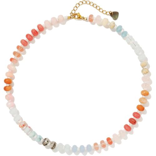 Colorful Gemstone Beaded Necklaces For Women Trendy Rainbow Natural Stone Boho Handmade Stainless Steel Waterproof Strand Necklaces Jewelry For Women Gift