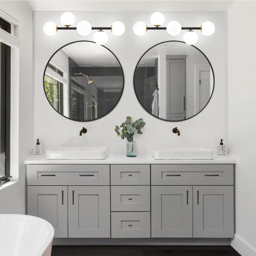 Mid Century Modern Bathroom Vanity Lights, 5-Light Bathroom Light Fixtures Black and Gold Bathroom Lights Semi-Flush Mount Ceiling Light, Wall Sconces Wall Light with Globe Frosted Milk Glass, G9 Base