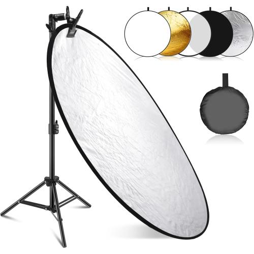 NEEWER 43/110cm Light Reflector Kit, 5 in 1 Collapsible Round Reflector (Translucent/Silver/Gold/White/Black), Metal Clamp and 21-43”/53-110cm Short Stand for Low Angle Studio Photography