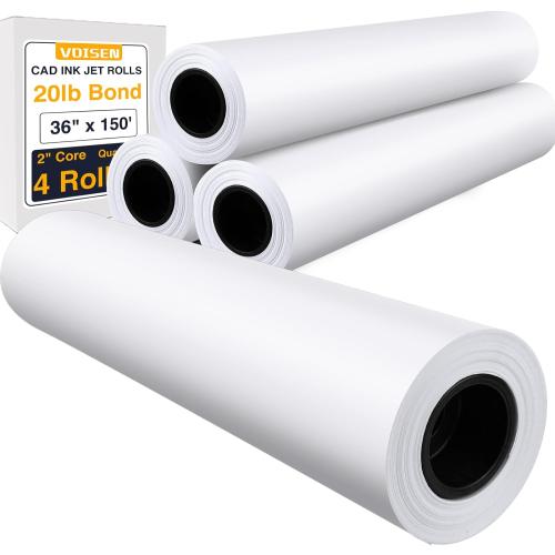 VOISEN Wide Format Paper,4 Rolls Plotter Paper 36 In x 150 Ft, CAD Bond Rolls,20lb,Bond Paper on 2 Core for CAD Printing on Wide Format Ink Jet Printers