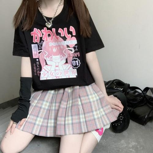 Size 2XL Pastel Goth Japanese Fashion Kawaii Clothes Soft Cotton Comic Print Girl's World T-Shirt