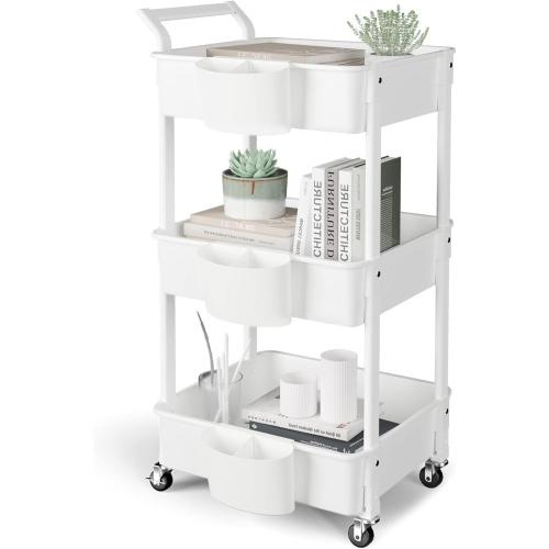 3-Tier Utility Rolling Cart,Mobile Utility Cart with Lockable Caster Wheels,Storage Shelves Organizer Cart, 3 Hanging Baskets, Easy Assembly,for Bathroom, Kitchen, Office, Workshop