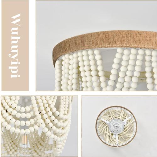 Boho Wood Beaded Chandelier, Flush Mount Ceiling Light,Farmhouse Rustic Jute Wooden Bead Chandeliers Fixture for Drawing Room，Bedroom,Hallway, Entryway,Dining Room(3-Light)