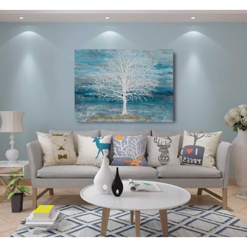 Yihui Arts Canvas Art Wall Decor, White Birch Trees Landscape Picture Painting, Modern Nature Teal Artwork Prints, Large Size Framed for Home Decor
