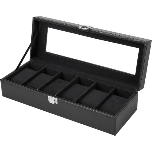 Ohuhu Watch Cases for Men Watch Box 6-Slot PU Leather Real Glass Lid Jewelry Organizer Storage Soft Velvet Watch Holder Display Case for Women Birthday Fathers Day Valentine's Day Gifts