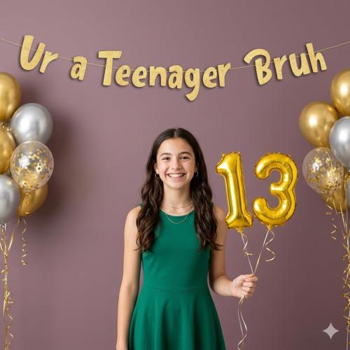Sterling James Co. Pre-Strung Ur a Teenager Bruh Gold Glitter Banner - Funny 13th Birthday Decorations for Teen Boys and Girls - Birthday Party Supplies and Gifts