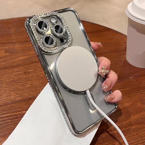 Magnetic Glitter Diamond for iPhone 15 Pro Max Case[Compatible with MagSafe] Glitter Rhinestone Diamond Camera Lens Protector Plated,Clear Slim Military Drop Shockproof Cover for Women,Pink
