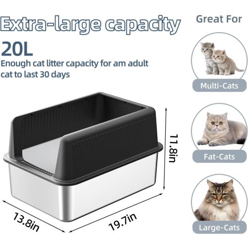 Stainless Steel Cat Litter Box with Lid,XL,19.7” L x 13.8” W x 11.8”H Deep,Large Metal Litter Box with High Side,for Small and Large Cats,Anti-Leakage Non-Sticky Easy Cleaning Include Litter Scoop