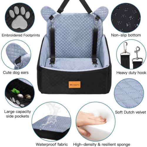 Dog Car Seats for Small/Medium Dogs up to 33lbs(Grey Black). | Car Seat for Dogs, Waterproof Washable, 2 Safety Belts, Non-Slip Base, Storage Pocket, Car Front/Rear Travel, Outdoor Dog Bed
