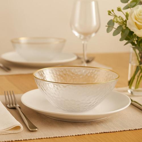 Hammered Gold Plastic Bowls Disposable Heavy Duty - 12 Oz Clear Plastic Bowls For Parties - Premium Clear Disposable Bowls for Hot Soup, Salads.
