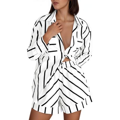 Size S.... Womens Striped 2 Piece Outfits Button Down Shirts and Shorts Lounge Matching Sets